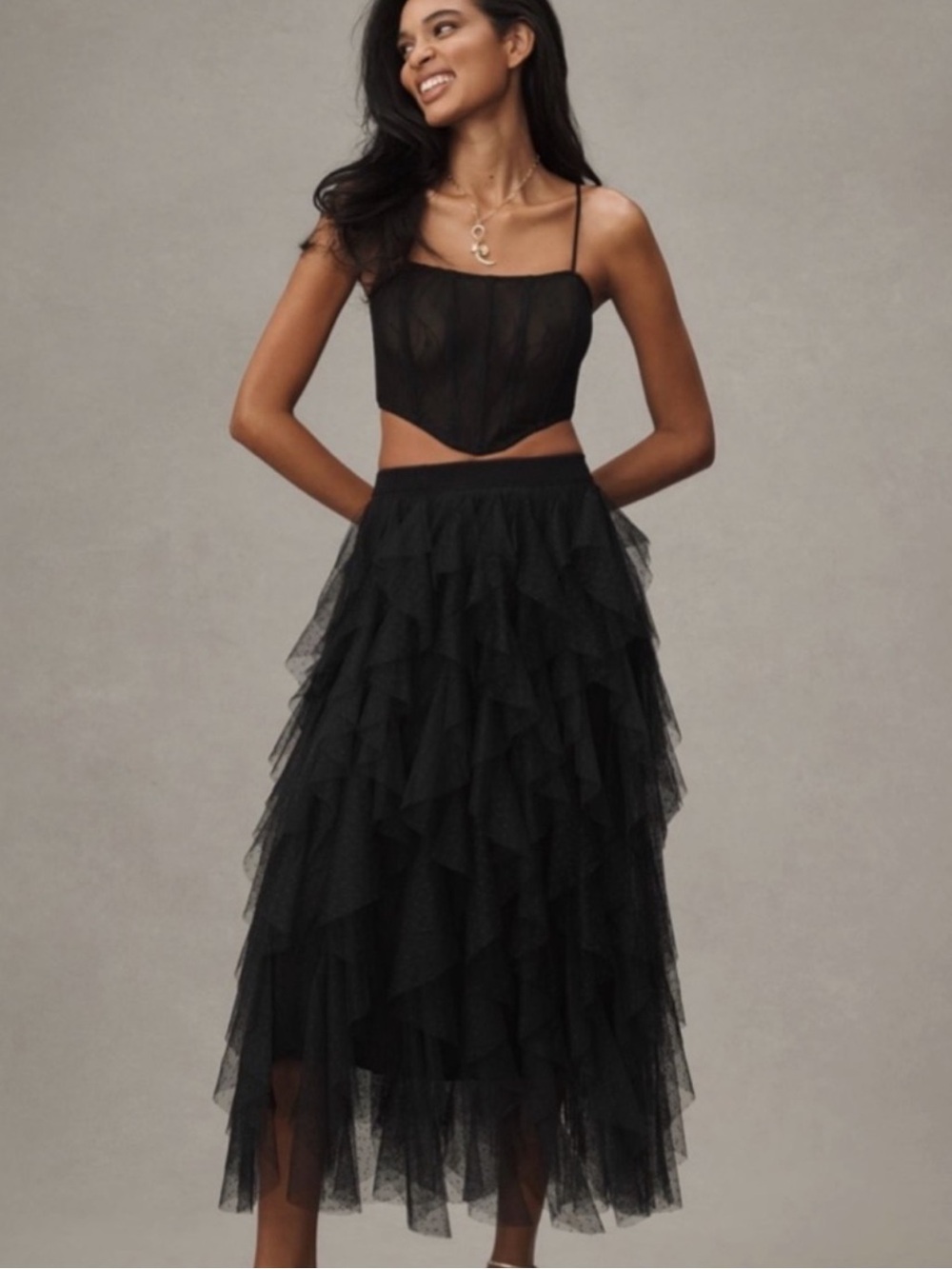 Anthropologie The Chéri Ruffled Tulle Midi Skirt - Black